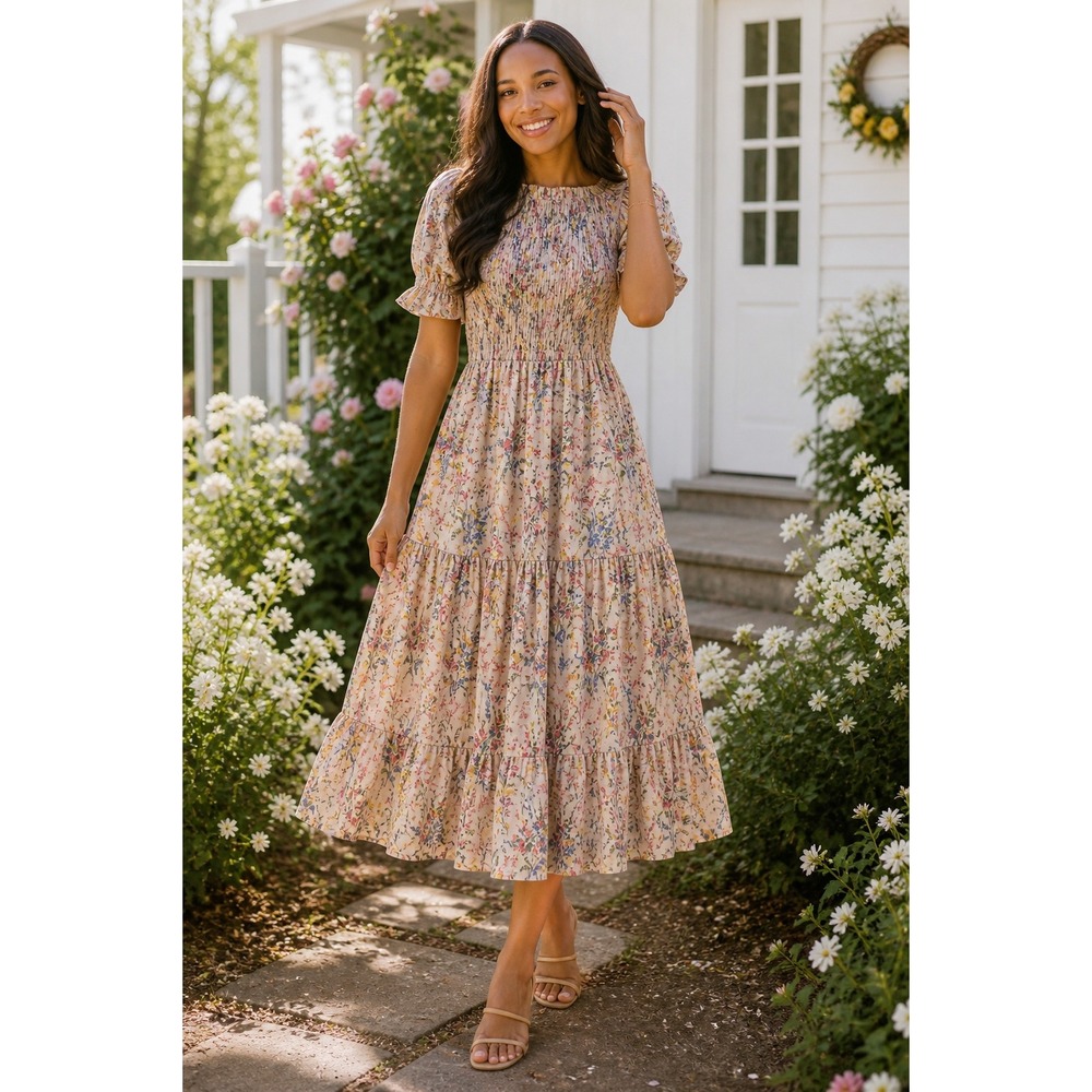 Ivy City Co Midsummer Dress Floral Smocked Tiered Midi Short Sleeve Cream Small